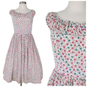 VINTAGE 1950s Women's Teal Pink Novelty Yarn Ball Print Fit & Flare Dress W28